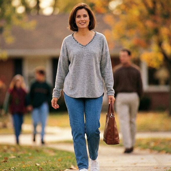 Cable & Gauge Sweaters - Cable & Gauge Women M Gray Leopard Trim V-Neck Sweater Classic Preppy Casual